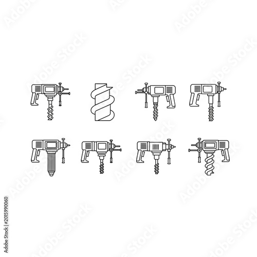 Set of industrial rotary hammer drill icons with construction, equipment