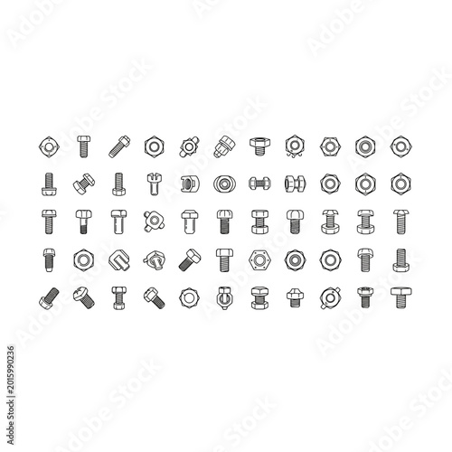 Set of industrial mechanical hardware and fastener line icons with fastener