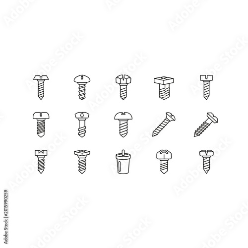 Grid pattern of various steel screw types line art with fastener, hardware