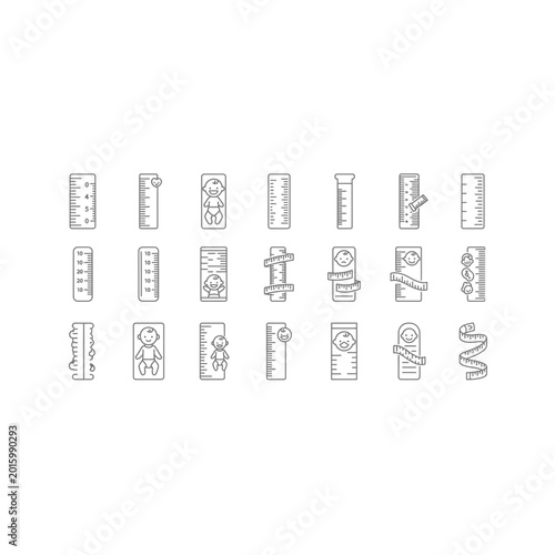 Set of ruler measuring tool icons outline style with measurement, drafting
