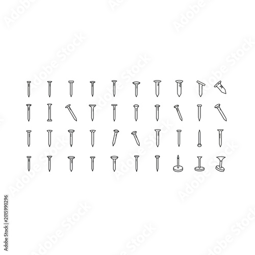 Various metal construction screw and nail icons with fastener, hardware