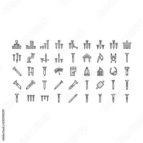 Industrial fastener and nail icon set with fastener industrial hardware