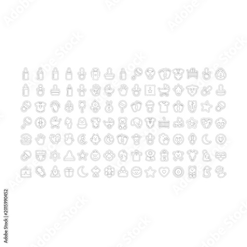 Grid of hand drawn style decorative icons and creative symbols with handdrawn