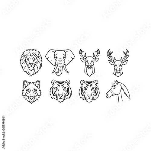 Collection of eight animal head line art icons including lion tiger and deer