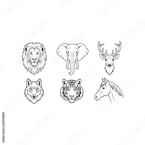 Graphic set of six animal head icons in linear style for design projects
