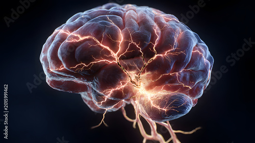 Human brain under stress with neural activity and electrical impulses