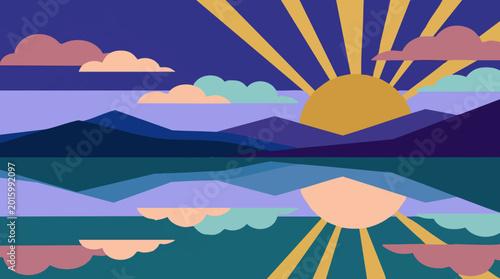 Fotografía Vibrant Geometric Landscape: Sunrise over Mountains and Reflecting Water