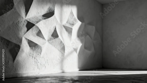 Abstract geometric pattern on a textured wall with light and video game character play