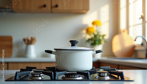 A white enameled saucepan is on the gas stove in the kitchen.