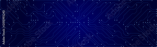 Abstract blue circuit board pattern with glowing white dots and intricate lines on a dark background for technology and data concepts