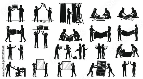 People engaged in home renovation, repair, and household chores silhouette set.