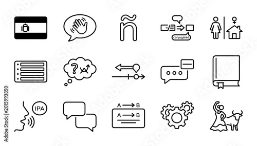 Slika na platnu Spanish Language & Culture Icons Set: Translation, Communication, Education, Tra