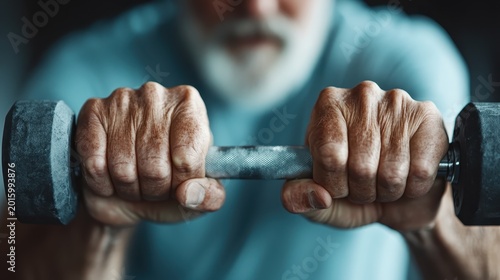 A senior man with strong hands lifts weights in a gym setting, embodying strength and resilience while promoting the importance of fitness at any age.