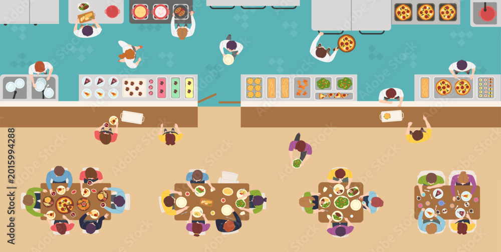 Fototapeta premium Restaurant cafeteria top view panorama with buffet counter, kitchen staff and customers dining at tables, serving pizza, salads, desserts and drinks, flat vector illustration