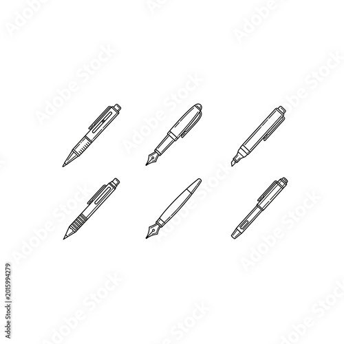 Collection of assorted writing pens isolated line art with instrument, business