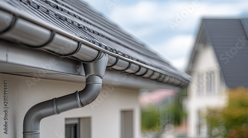 Close-up of a modern gray gutter system on a house roof