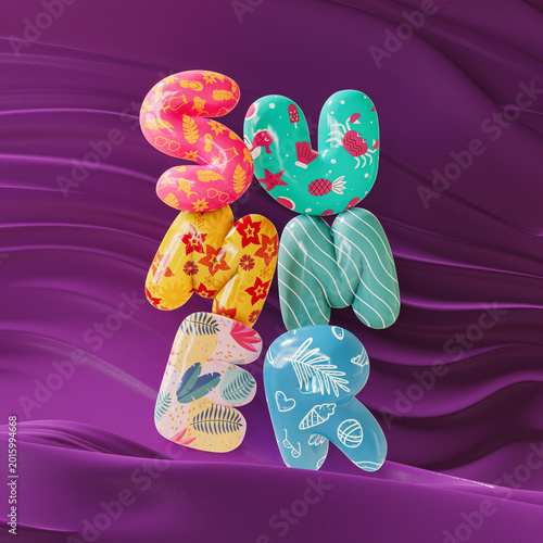 Inflatable Summer letters on purple background. Summer travel concept design. 3D Rendering, 3D Illustration