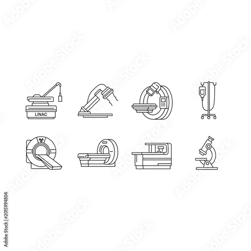 Medical imaging and diagnostics laboratory equipment icon set with diagnostic