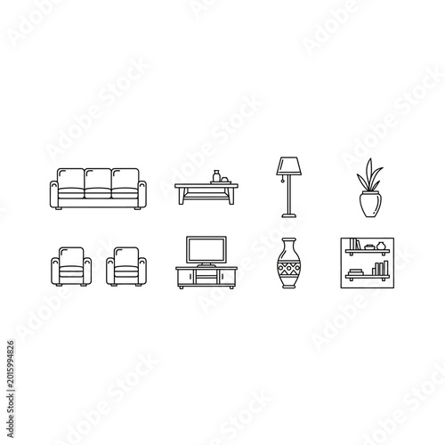 Living room furniture elements outline icon set with furniture, interior