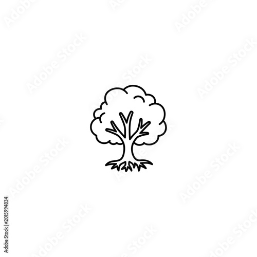 Minimalist outline drawing of a deciduous tree with visible roots icon, abstract