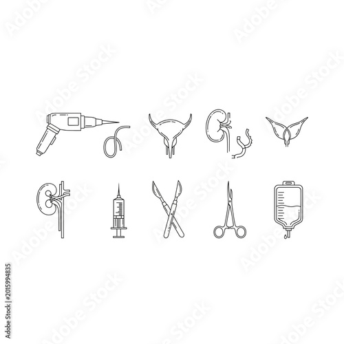Set of medical and surgical instrument line art icons with surgical, instrument