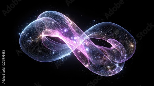 Glowing, translucent, interlinked cosmic ribbon with sparkling dust