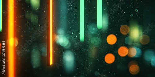 Abstract neon glow streaks and bokeh lights on dark, speckled background