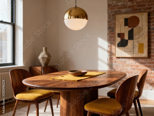Mid-century modern dining room with oval wood table and mustard yellow chairs