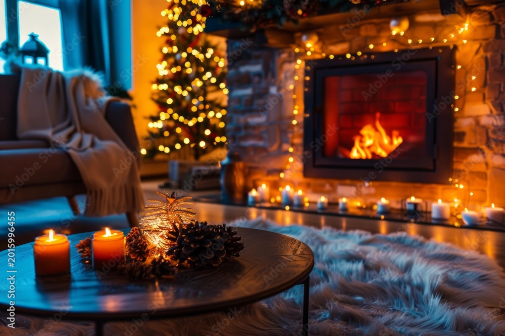 Fototapeta premium Warm christmas atmosphere in living room with burning fireplace, decorated christmas tree, candles and string lights