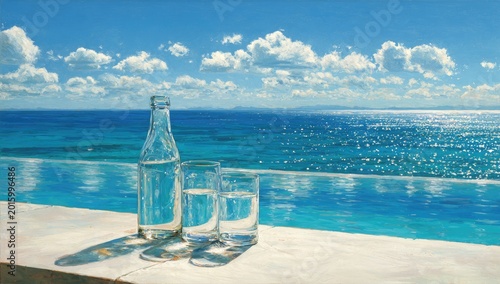 Refreshing water glasses by a shimmering infinity pool and ocean