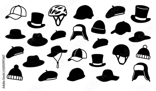 Fényképezés Hat outline and silhouette vector set stylish headwear illustration isolated on