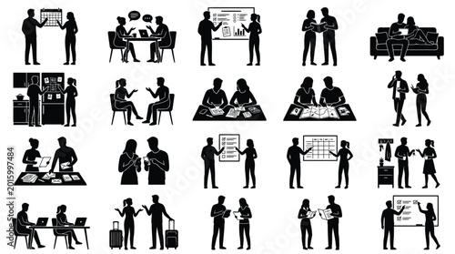 Couple planning life together silhouette set with calendar and financial documents planning future.
