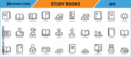 Books line art icon set. Open book, textbook, reading, notebook, bookshelf, library, graduation cap, study materials, digital book, bookmark icons. Vector EPS.