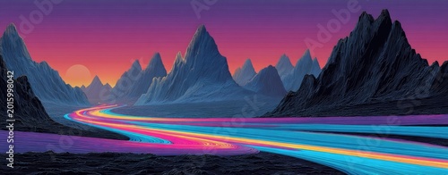 A surreal, alien landscape with neon river and jagged peaks at sunset