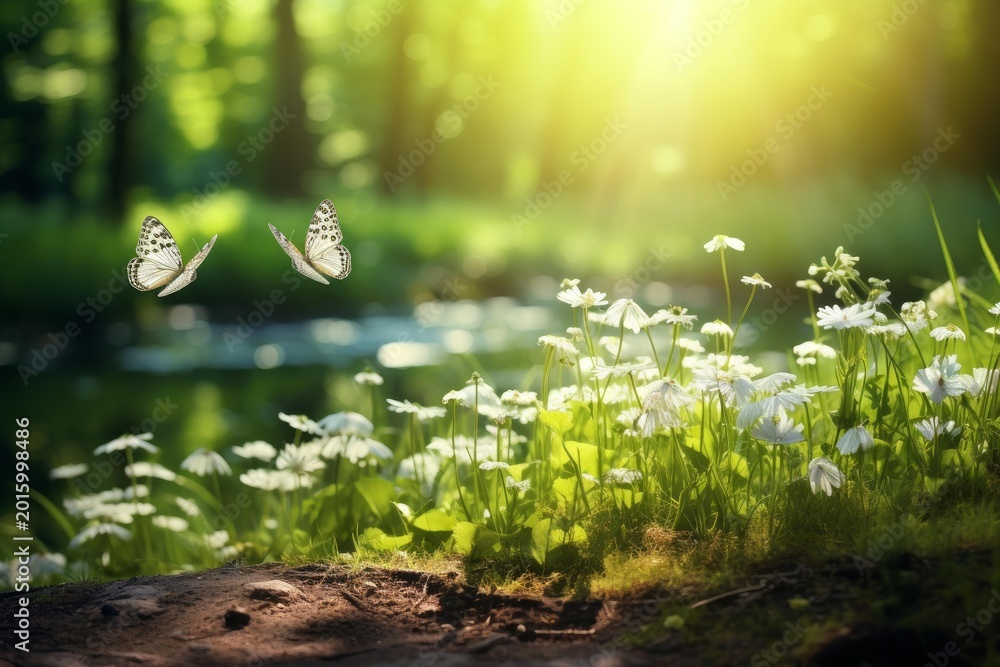 Fototapeta premium Two butterflies flying above white wildflowers near water in a sunny forest setting