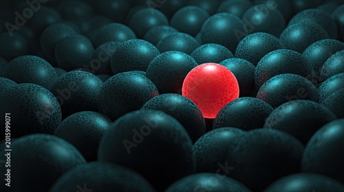 One glowing red sphere stands out amongst many dark spheres