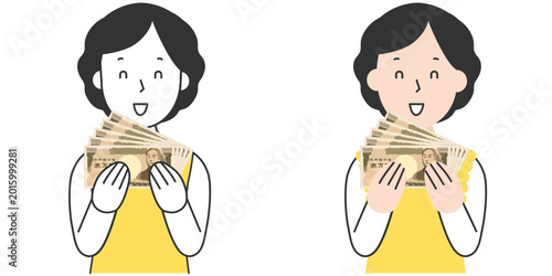 Foto お金を持って喜ぶ笑顔の日本人主婦のベクターイラスト