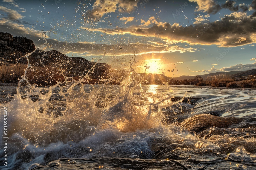 Fototapeta premium Water splashes in a river at sunset with golden light shining through clouds