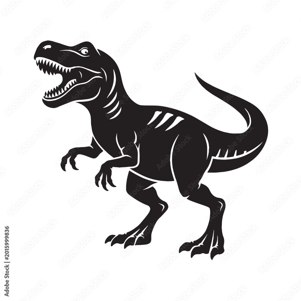 Obraz premium Tyrannosaurus Rex black vector silhouette, prehistoric dinosaur mascot with sharp teeth, roaring T-Rex predator icon for logo design and apparel