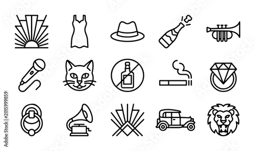 Photography Art Deco Icons Set: Vintage Jazz Age Symbols, Gatsby Era Elements, Roaring Twent