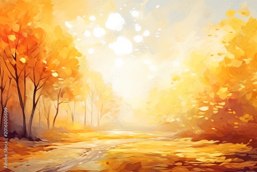 Fototapeta premium Impressionistic painting showing a path winding through a vibrant golden autumn forest