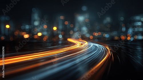 Streaks of light blur across a dark cityscape at night