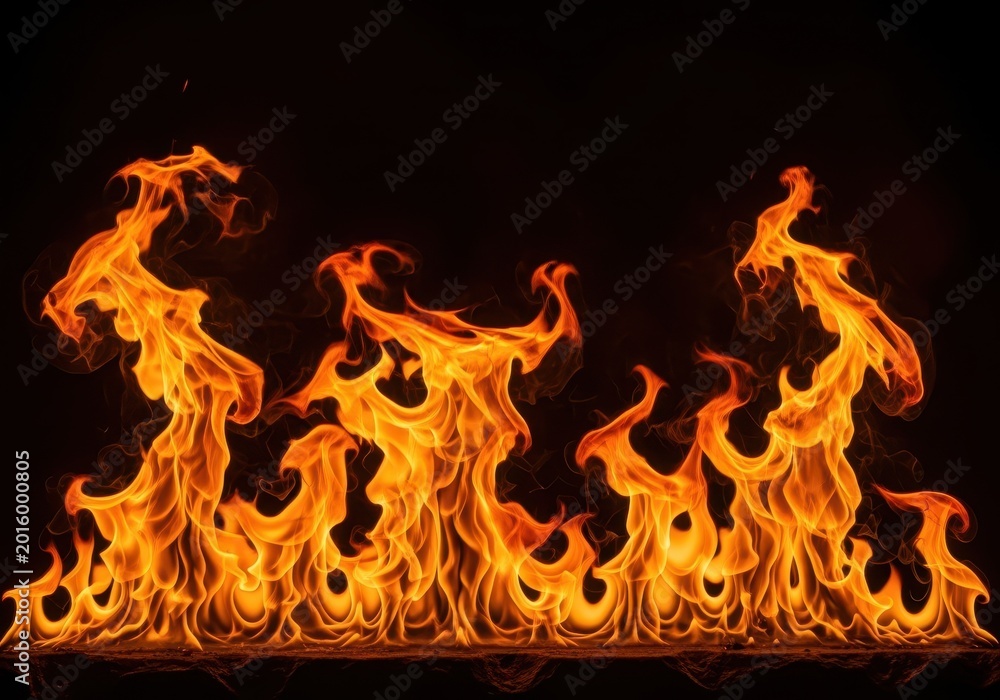 Fototapeta premium Intense wall of orange and yellow flames burning fiercely, creating a dramatic, realistic background texture. High heat and danger concept, eruption, texture, wallpaper