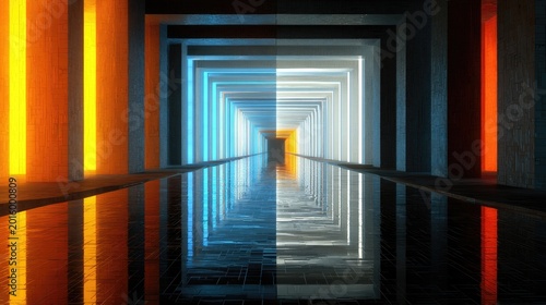 Geometric tunnel with contrasting orange and blue neon light reflections