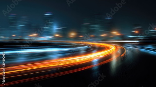Streaks of light on a dark road with city lights blurred in background
