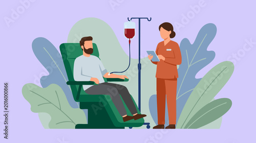 Photos Nurse caring for patient during blood transfusion or intravenous therapy illustr