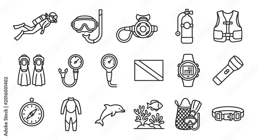 Fototapeta premium Line art scuba diving sports icon vector collection for ocean exploration and underwater activities
