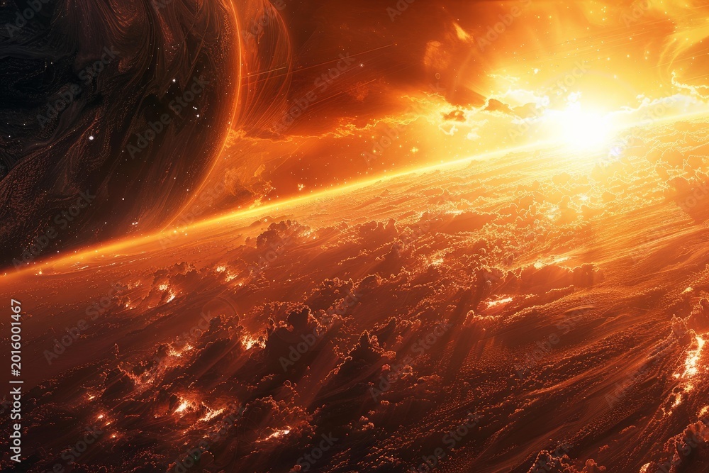 Fototapeta premium Dramatic scenery of a fiery exoplanet with glowing clouds orbiting a red giant star in deep space