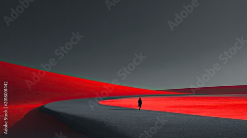 Lone Figure Walks Through Surreal Red and Gray Landscape.