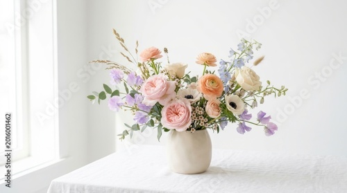 Elegant pastel flower bouquet in ceramic vase, romantic spring floral arrangement on white table, soft aesthetic garden blossoms for wedding decor